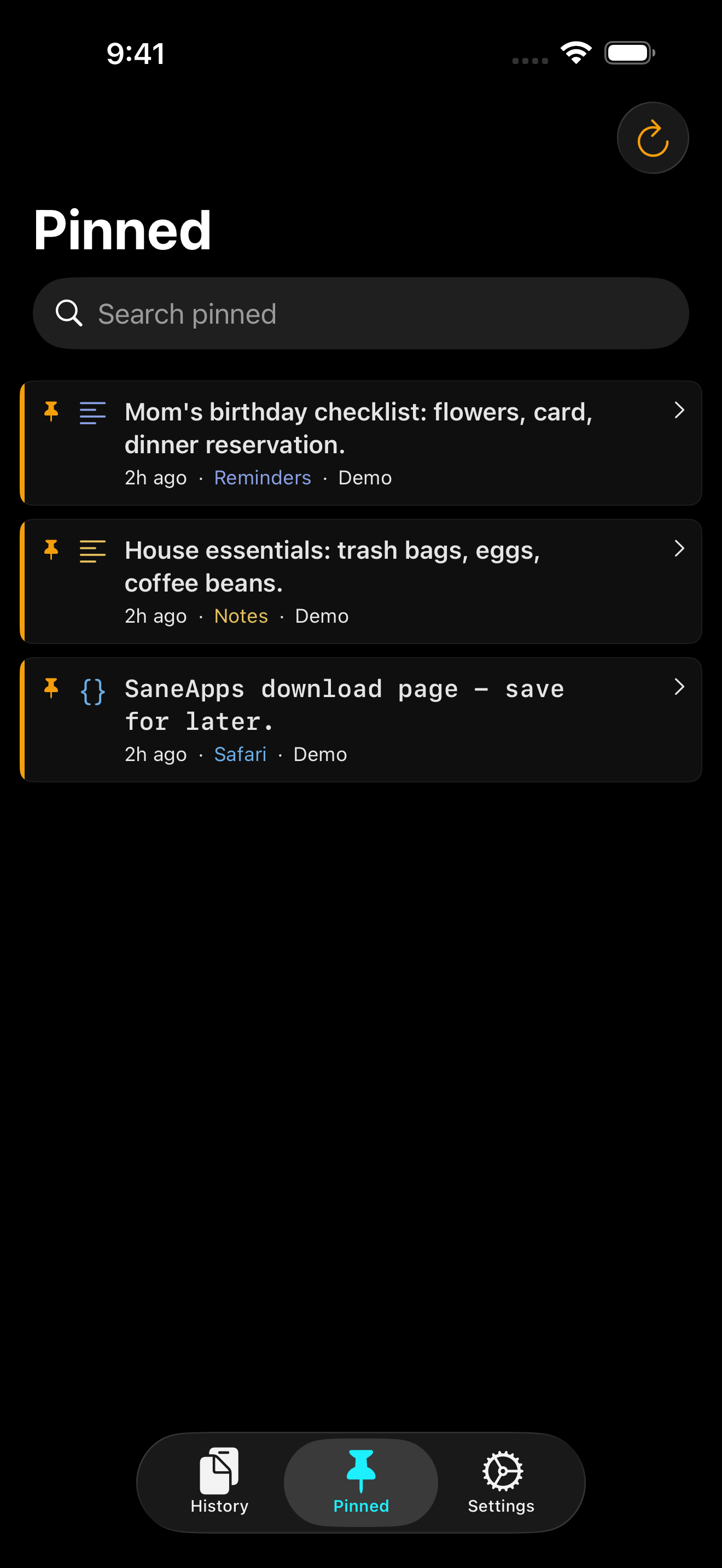 SaneClip iOS - Pinned Items